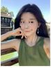 Elegant French Green Sleeveless Summer Dress: Mori Girl Style with Waist-Cinching Bell-Shaped Skirt