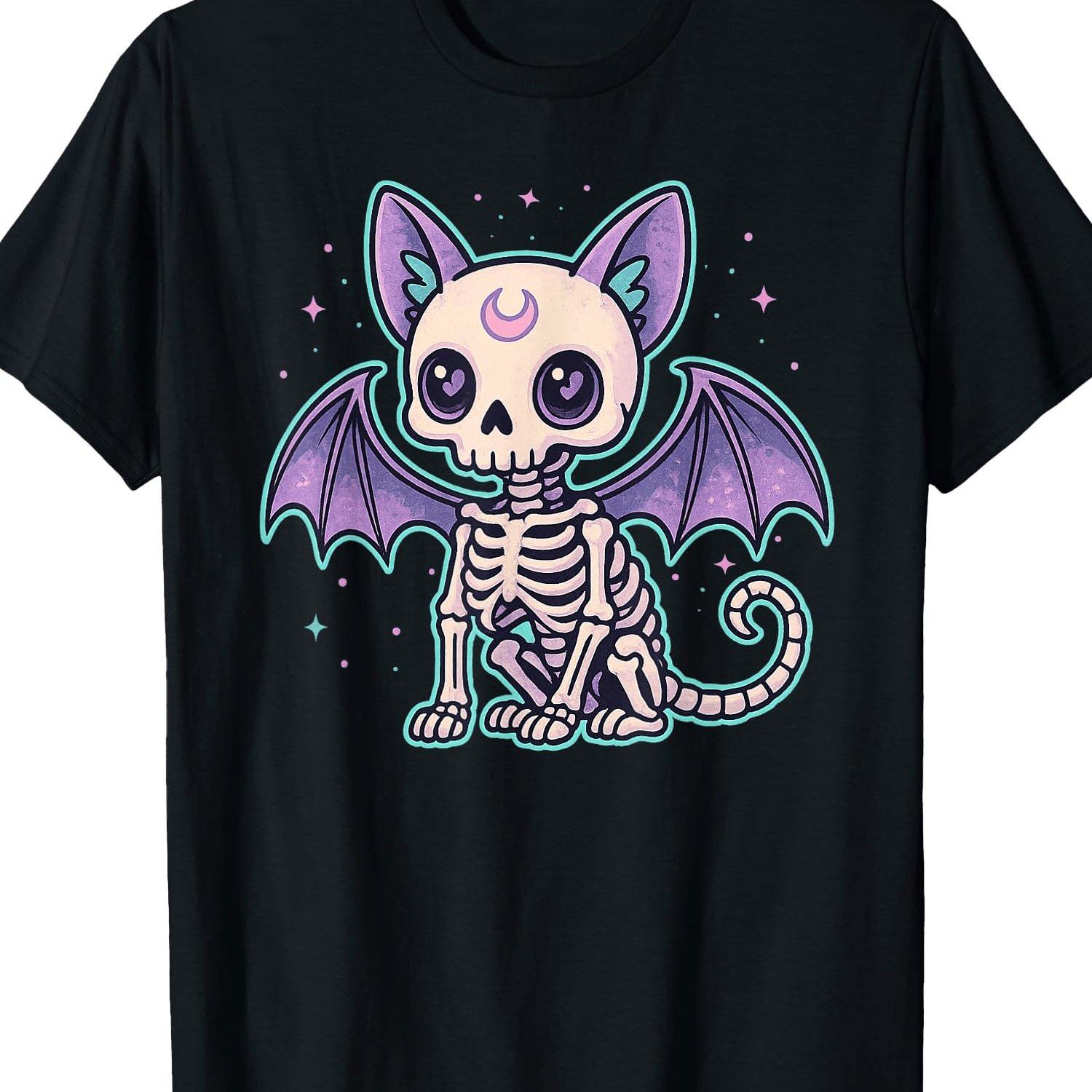 

Cute Skeleton Bat Cat Goth Kawaii Graphic Tee Soft Cotton Casual Crew Neck T-Shirt Unisex S