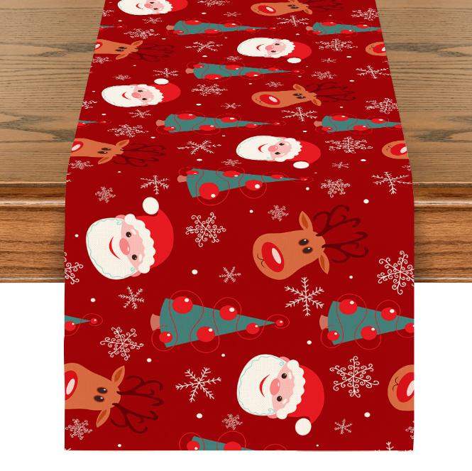 Linen Christmas Table Flag with Snowman & Santa Prints - Festive Table Mat Decorations