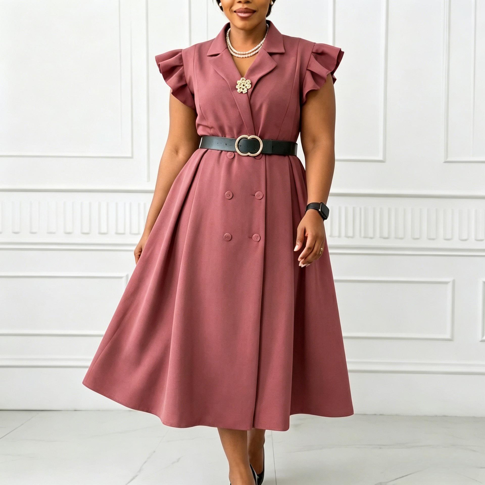 C8664 European and American new elegant summer suit collar temperament elegant double-breasted short-sleeved large-size African dress S