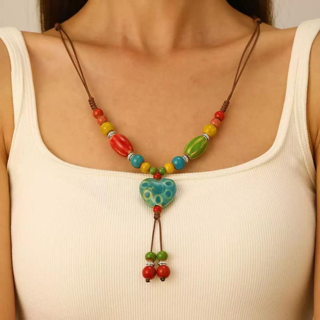 JMXD-Creative Retro Ethnic Style Hand-woven Long Sweater Chain Literary and Versatile Ceramic Love Necklace Accessories