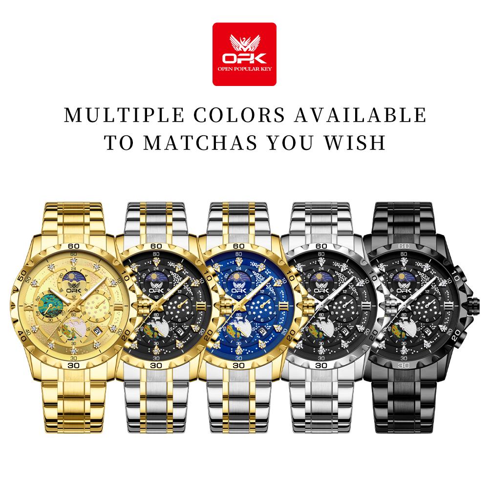 OPK Moon Phase Men's Watches Multi-function Timing Stainleess Steel Luminous Waterproof Watch for Man