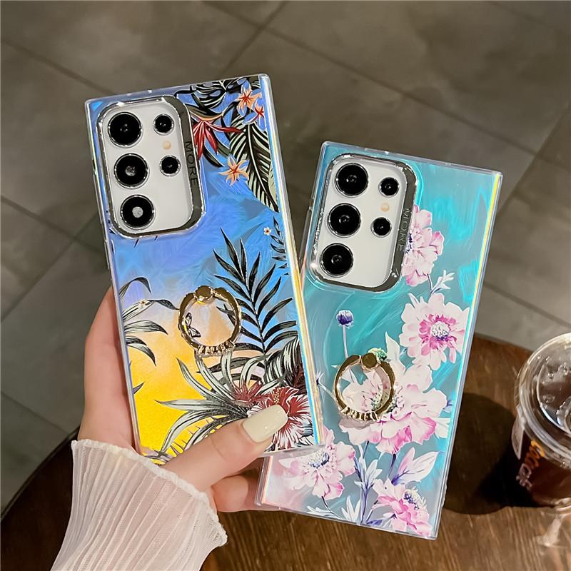 Diamond Ring Phone Holder Raser Case for Samsung A25 A54 A55 A15 A35 A14 A34 S24 Plus S22 Ultra S23 FE Flower Leaf Bling Cover