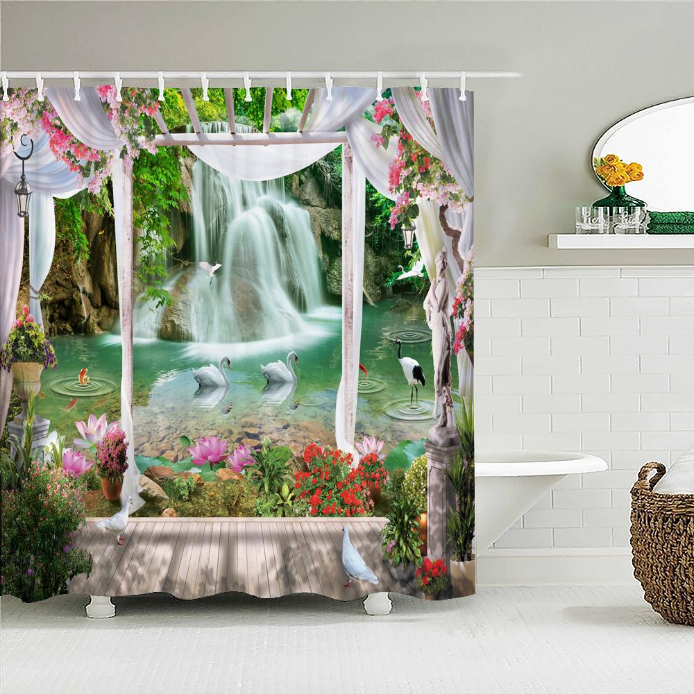 Rural Garden Flowers Seaside Scenery Shower Curtain Waterproof Bathroom Curtains Beautiful Sea landscape Bath Screen with Hooks