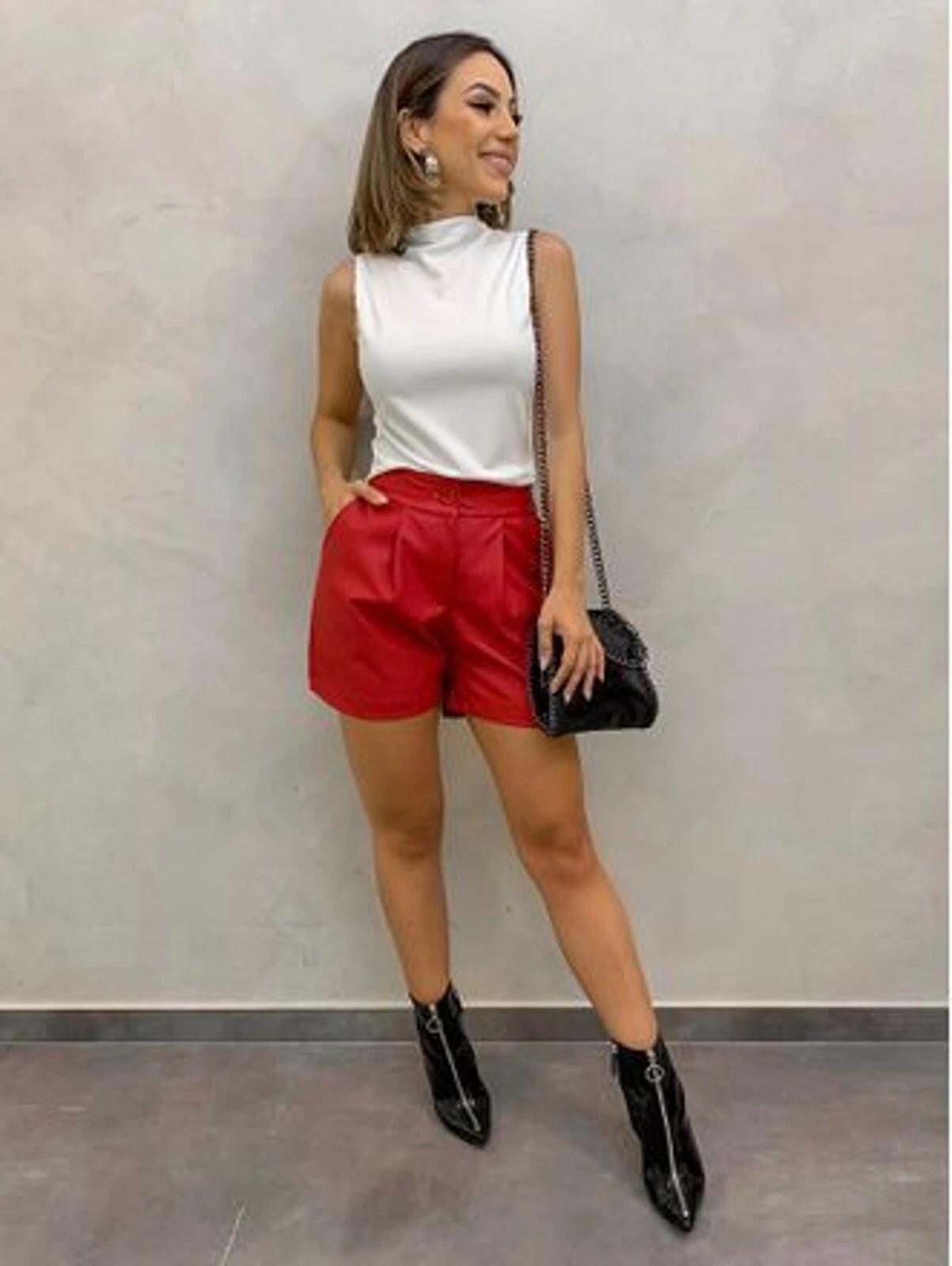 

Красные стильные кожаные брюки 100% натуральная кожа одежда для коктейльной вечеринки короткие женские дизайнерские 3XL красный