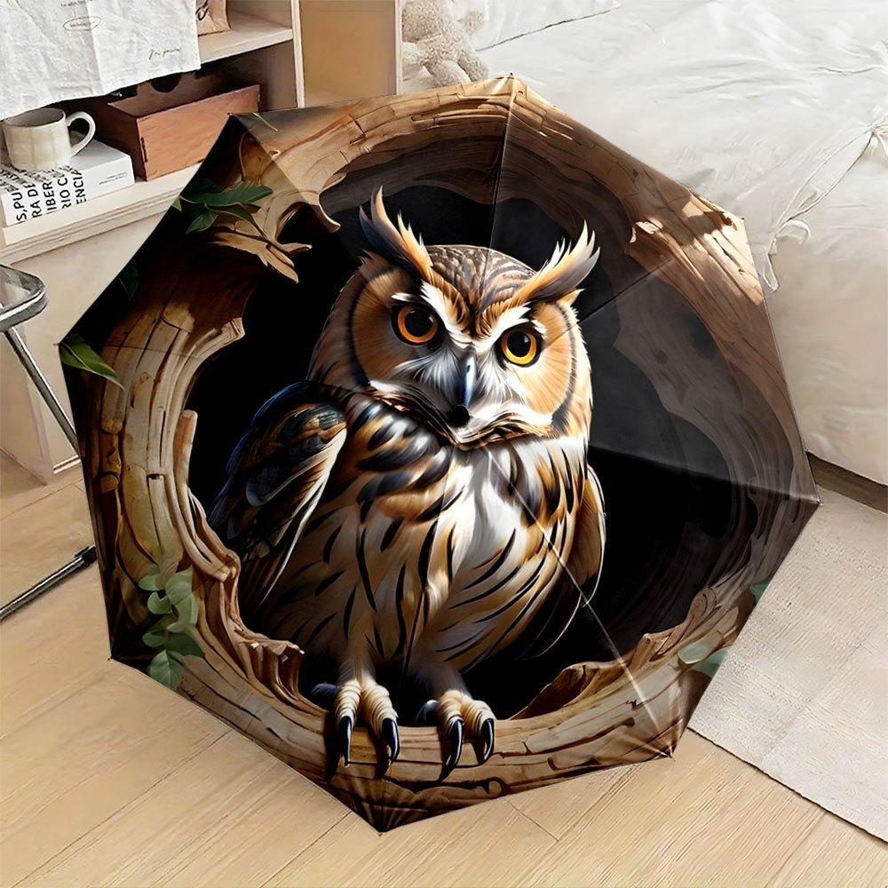 

Automatic Folding Umbrella An owl perched in a tree hollow. Portable collapsible design, casual outdoor accessory, Christmas b (as the picture,Iron&8K)