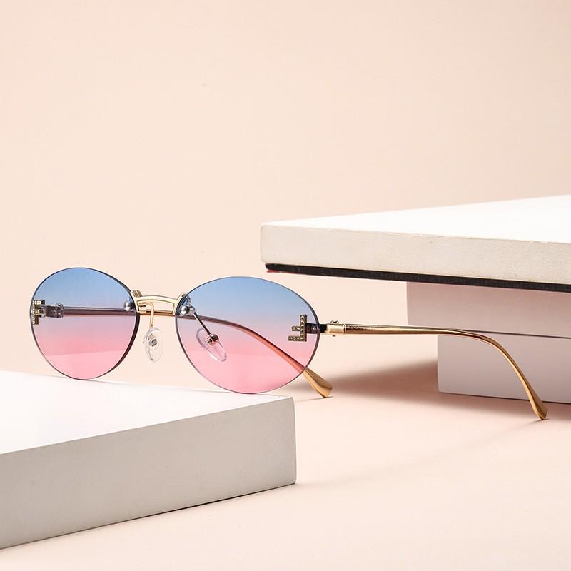 Women's Trendy Oval Rimless Rhinestone Sunglasses - European & American Style, Small Frame with Letter F Design