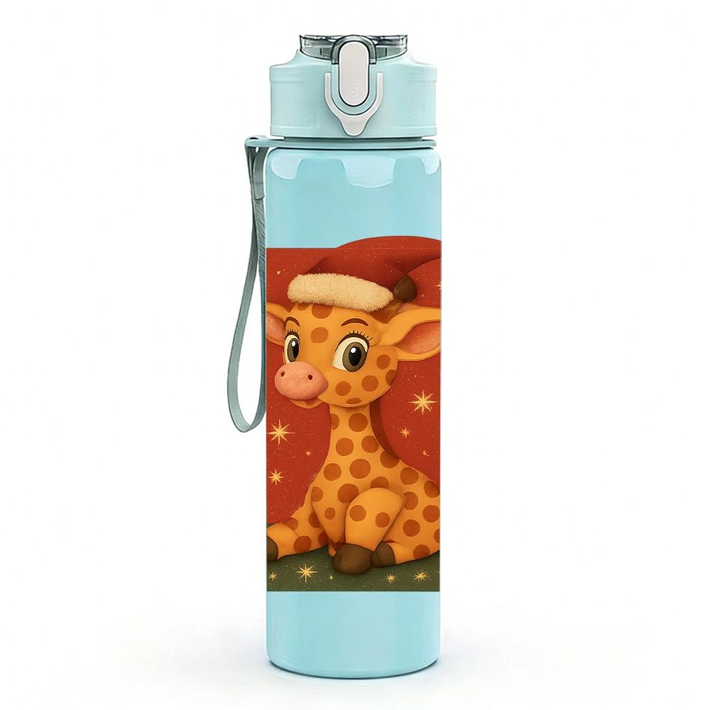 1PC Christmas Giraffe Cartoon 750ml Color Plastic Sports Water Bottle Leakproof Flip Straw Lid Suitable for Sports Office Home Use