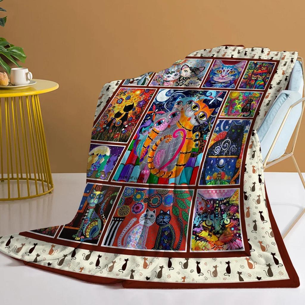 Colorful Cat Blanket Printed Throw Blanket Plush Fluffy Flannel Fleece Blanket Soft Throws for Sofa Couch and Bed