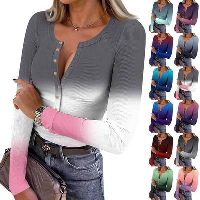 Women's  And Winter Slim Bottom T-shirt Fashion Casual Gradient Printing Round Neck Pullover Long Sleeve Top