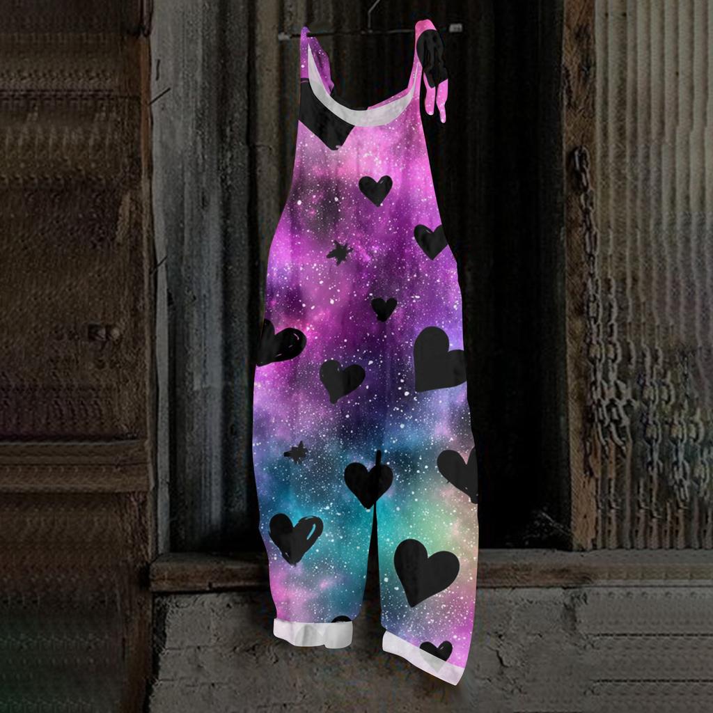 Women's Heart,shaped Printed Casual Loose Retro Overalls Cotton and Linen One,piece Pants