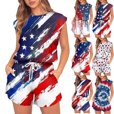 Women's Jumpsuit Independence Day Print Spring Summer Cap Sleeves Adjustable Drawstring Waist Comfortable Casual Short Jumpsuit With Pockets