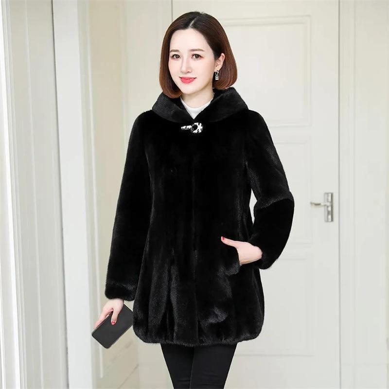 Hooded mid-length imitation mink fleece coat