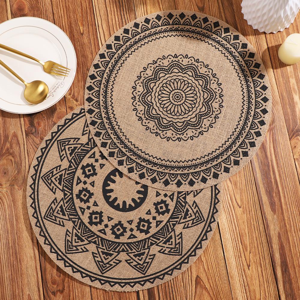 Large Round Jute Placemat Bohemian INS Style Silk Screen Printed Heat Resistant Table Mat Insulation Pad for Kitchen Dining Home Decoration