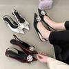Fashion Sexy Pointed Toe Patent Leather Kitten Heel Sandals Women Luxury Rhinestone Flower Women Pumps Elegant Low Heel Slingbacks Heels