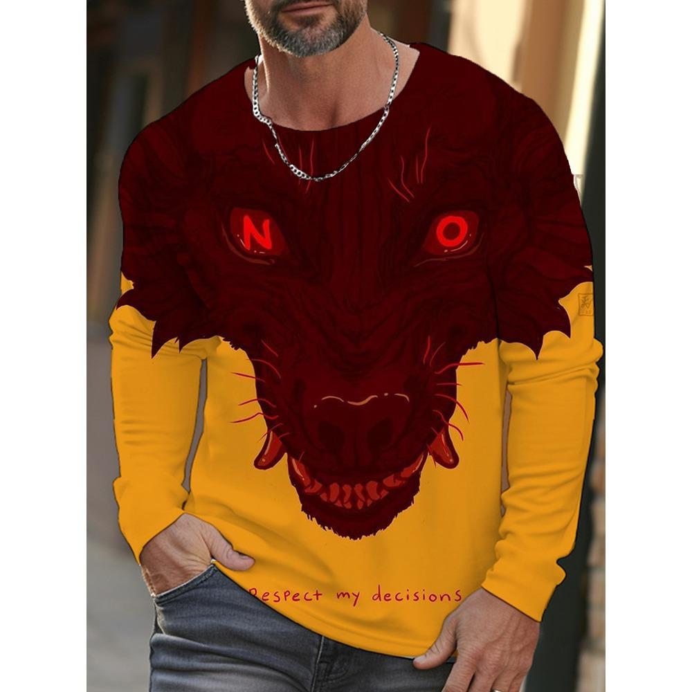2025 3D Wolf Pack Print Men's Long-sleeved T-shirt Street Style Men's Warm Top For Autumn And Winter Daily Casual Men's Shirt