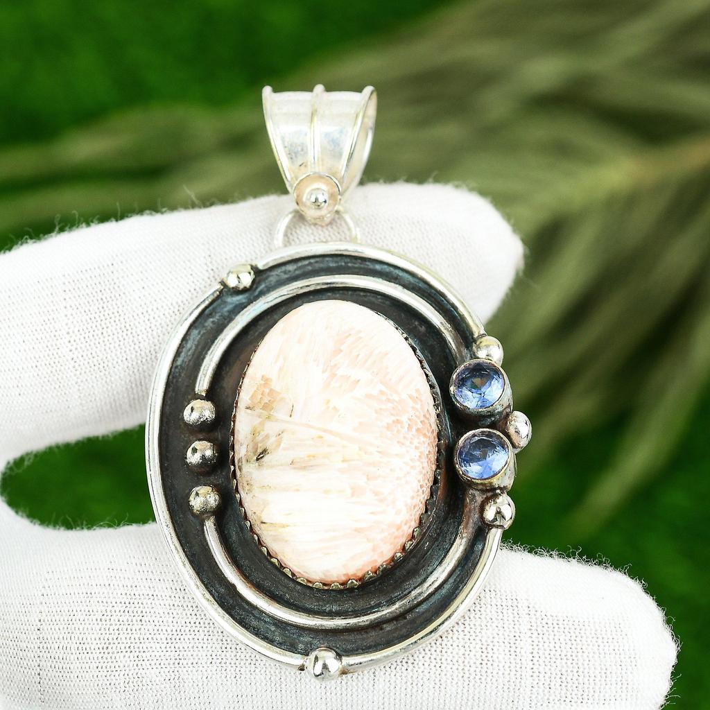 Sisters Day Deal 925 Silver Oval Scolecite Gemstone Iolite Bezel Mother Pendant