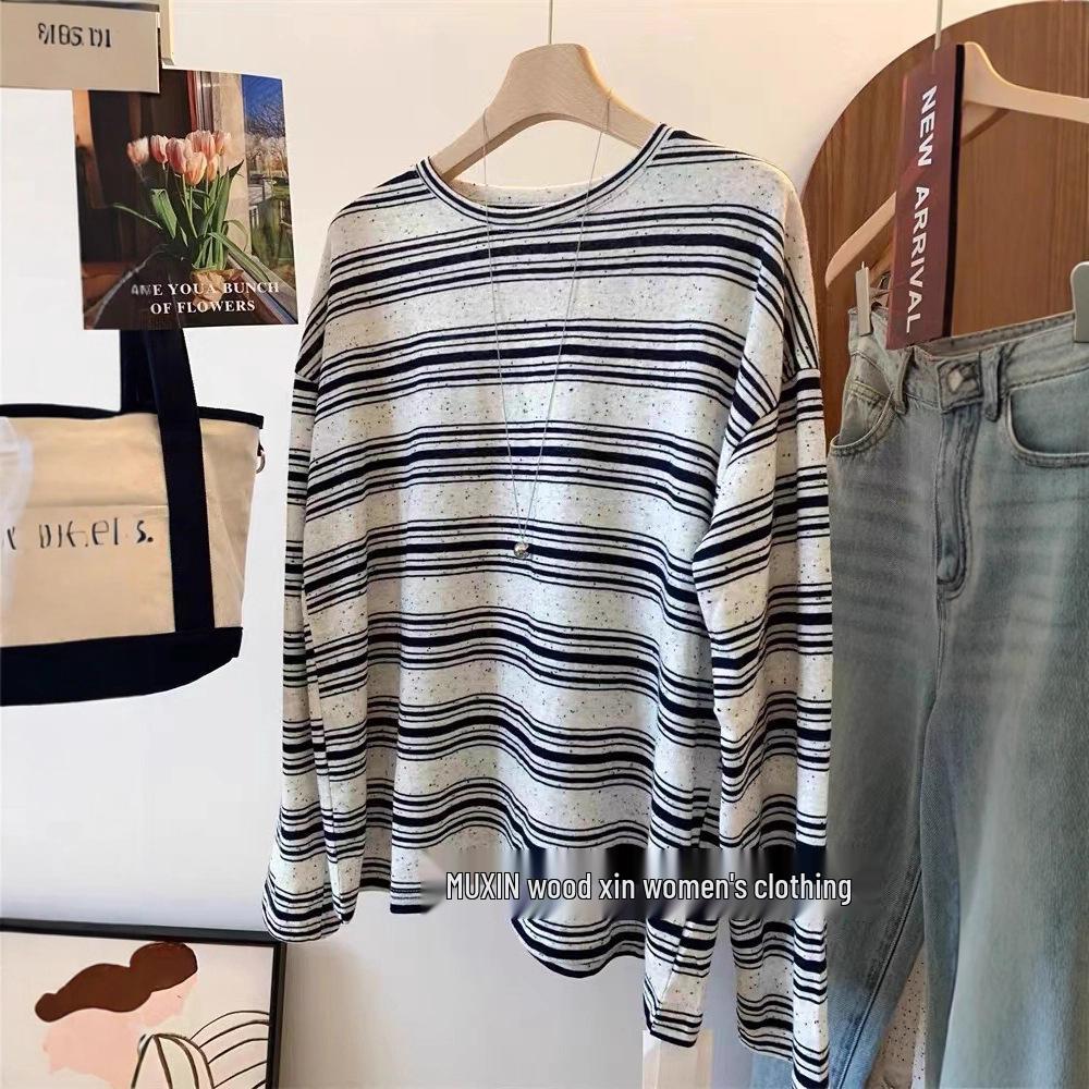 Dotted Stripe Loose-Fit Cotton Long Sleeve Women s Retro Casual Top - Korean Style 3XL (up to 220 jin)