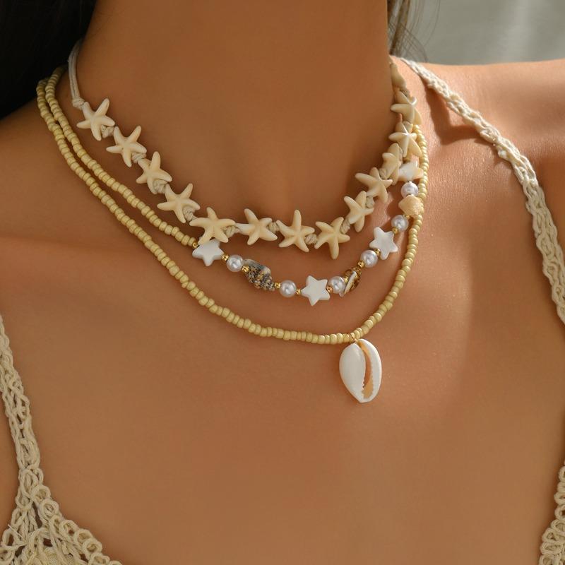 Ocean Resort Wind Starfish Conch Shell Necklace Light Luxury Niche Rice Bead Pearl Necklace Set