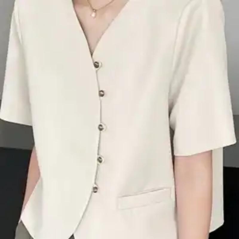 

Женский бежевый блейзер с V-образным вырезом и короткими рукавами, приталенный, повседневный, для офиса S абрикосовый