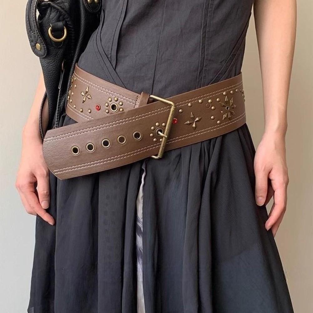 Y2k Leather Waist Belt Gothic Dress Jeans Belt Fashionable Women's Rivet Belt  Streetwear