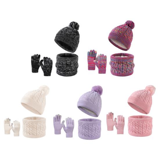 3 Pcs/Set Hat Scarf And Gloves Set Thick Knitted Warm Cap Gloves Twisted Texture Elastic Touch Screen Gloves Ear Protection Windproof Winter Outdoor