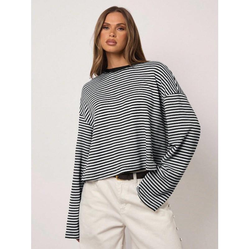 Womens Striped Knit Long Sleeve Loose T Shirt