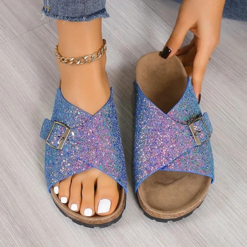 2024 Women's Fashion Flat Sandals Summer New Style Round Toe Cross Buckle Breathable Sequins Soft Bottom Anti-Slip Drag