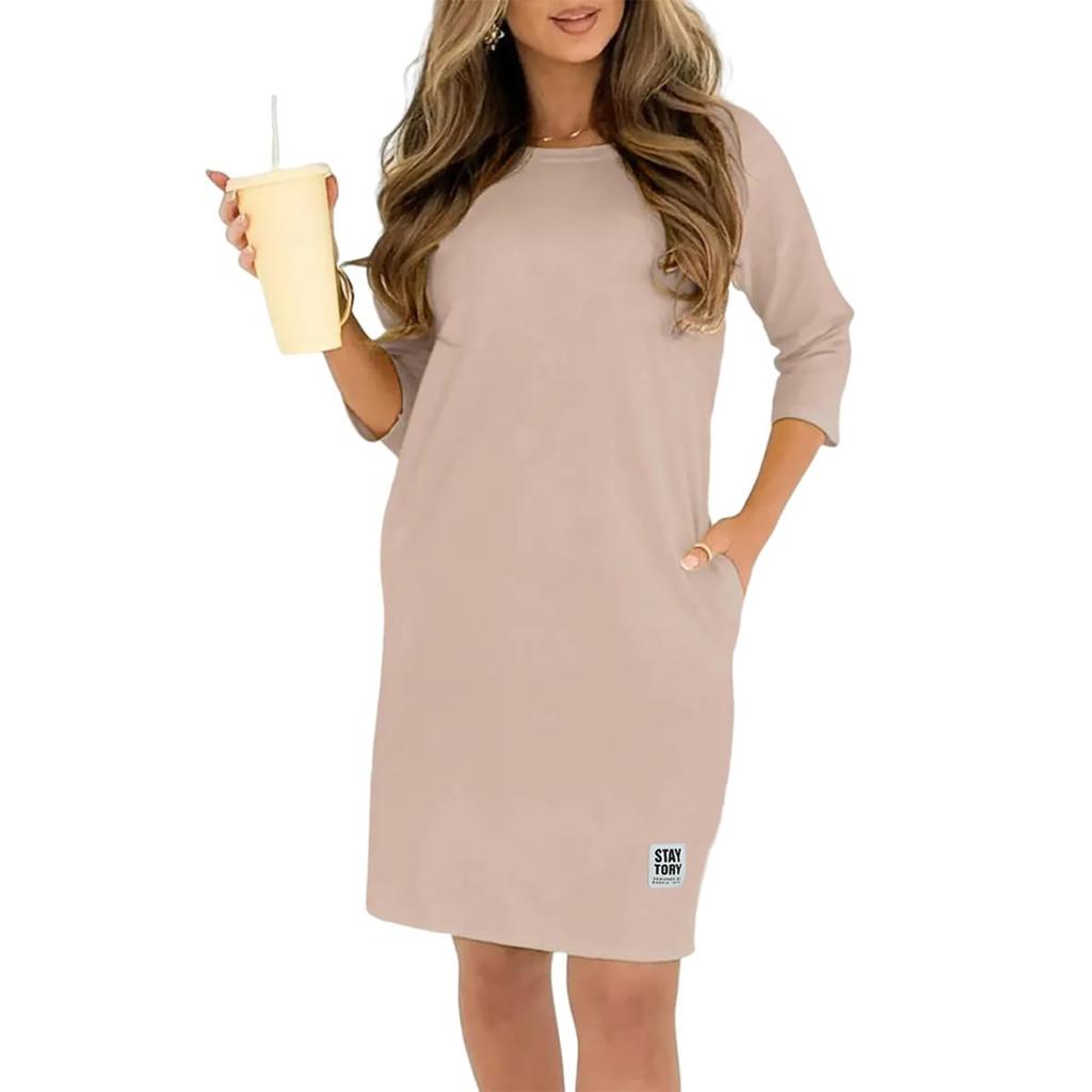 Γυναικείο Μοντέρνο Μονόχρωμο Φόρεμα με Στρογγυλή Λαιμόκοψη, Άνετη Γραμμή