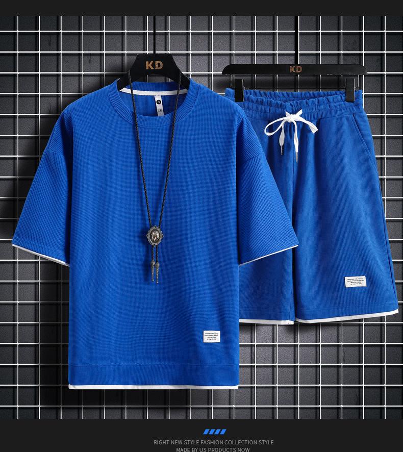 Men's Summer Waffle Short-Sleeve Sports Shirt and Shorts Two-Piece Set