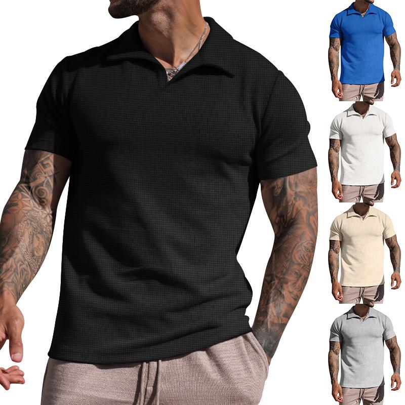 Men's summer lapel T-shirt men's heavy waffle oversize short-sleeved solid color casual V-neck Polo shirt