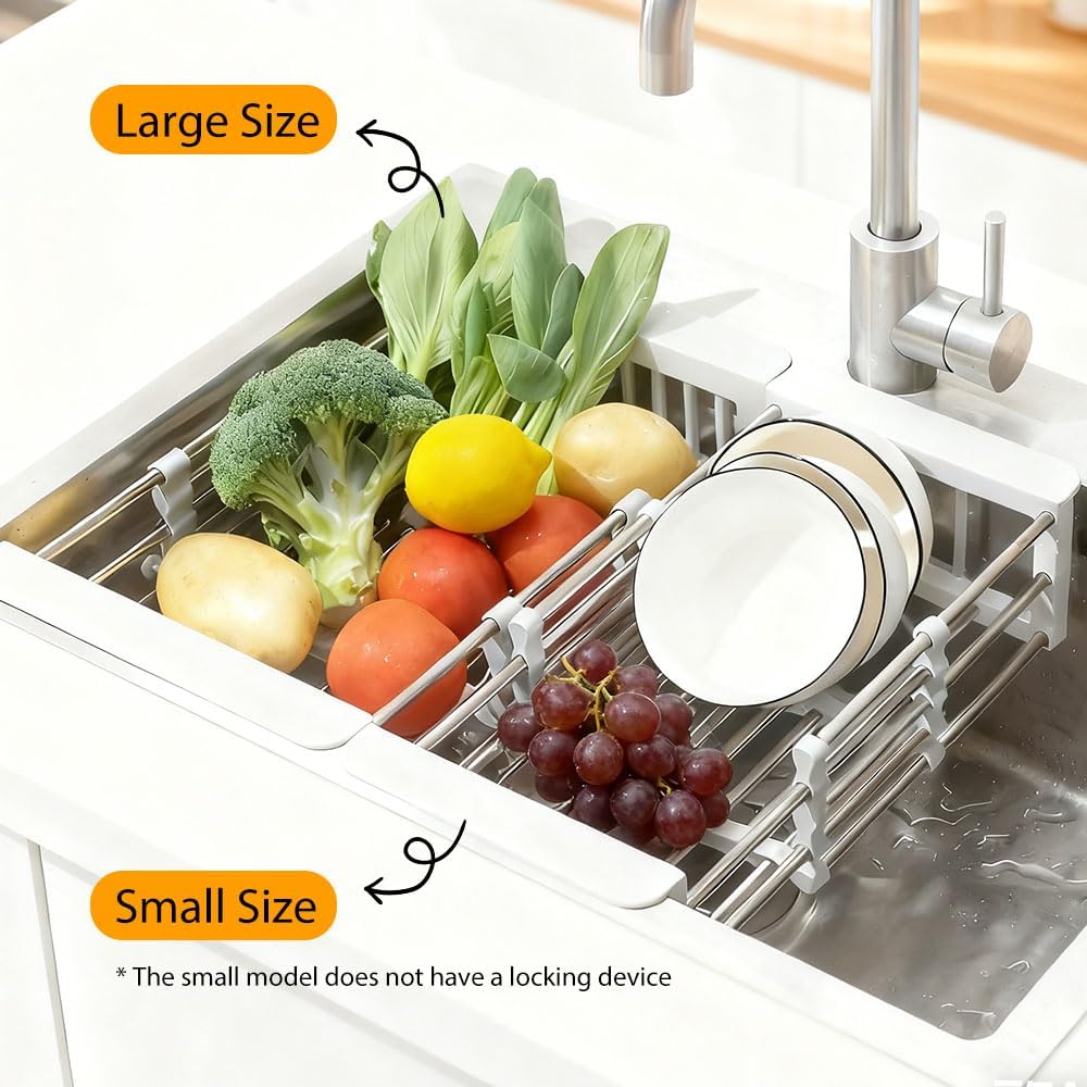 Extend Kitchen Sink Drain Basket, 2026 Upgrade Retractable Kitchen Sink, Adjustable Dish Drying Rack with Stainless Steel Drain Basket for Kitchen