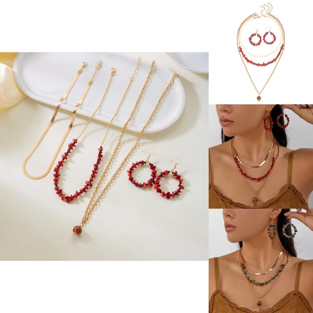 Geometric Alloy Crushed Stone Necklace Earrings Set For Women With Multilayer Design
