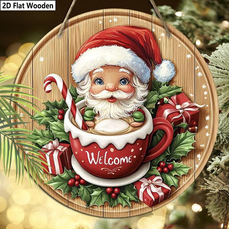 Christmas decoration sign,hanging decorations,2D flat Wooden products with The pattern is Santa Claus in the cup,Christmas gift for friends and family