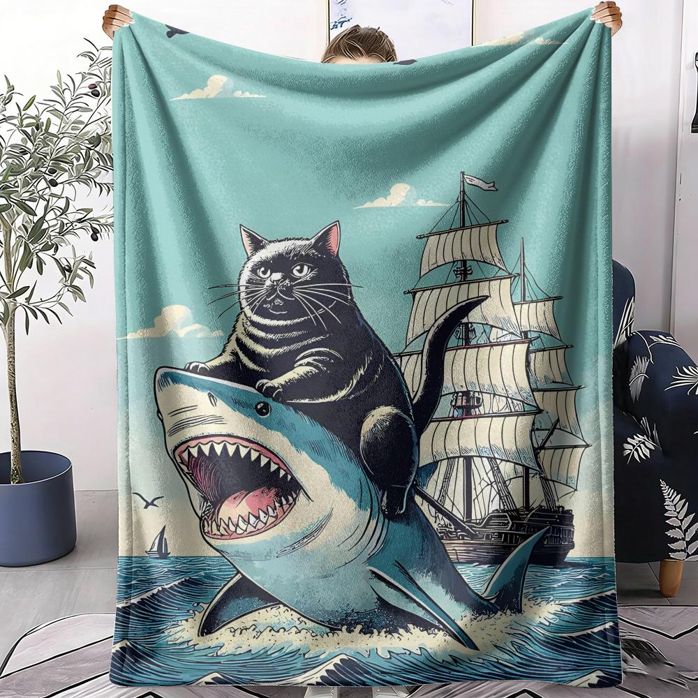 Cat Riding a Shark Throw Soft Flannel AC Blanket Lightweight Summer Nap Throw Cozy  Blanket for Sofa Bed Travel Home 75x90cm
