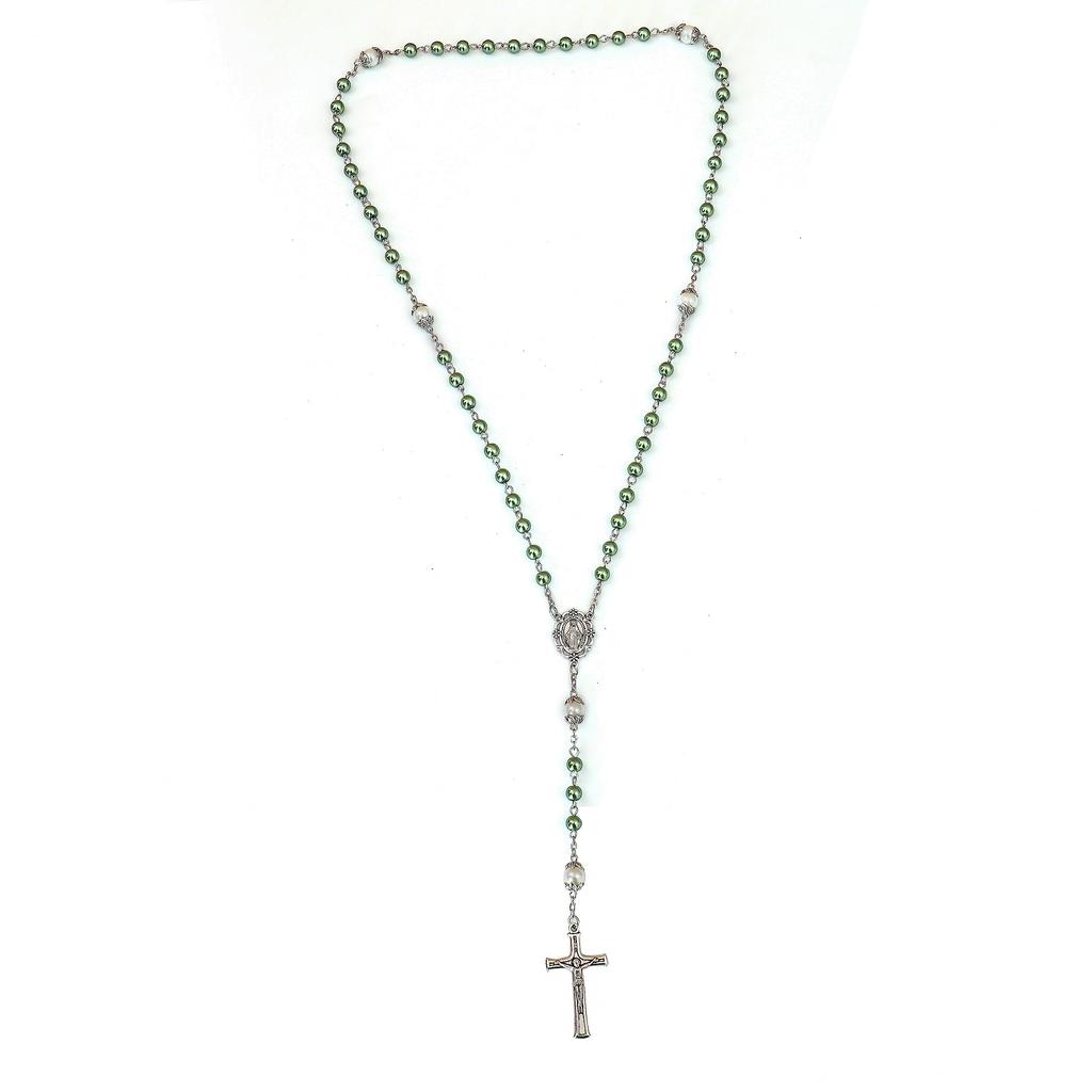 Nazareth Store Pearl Bead Rosary White Father Bead Necklace Lourdes Medal & Cross Spiritual Devotion, Glass, No Gemstones