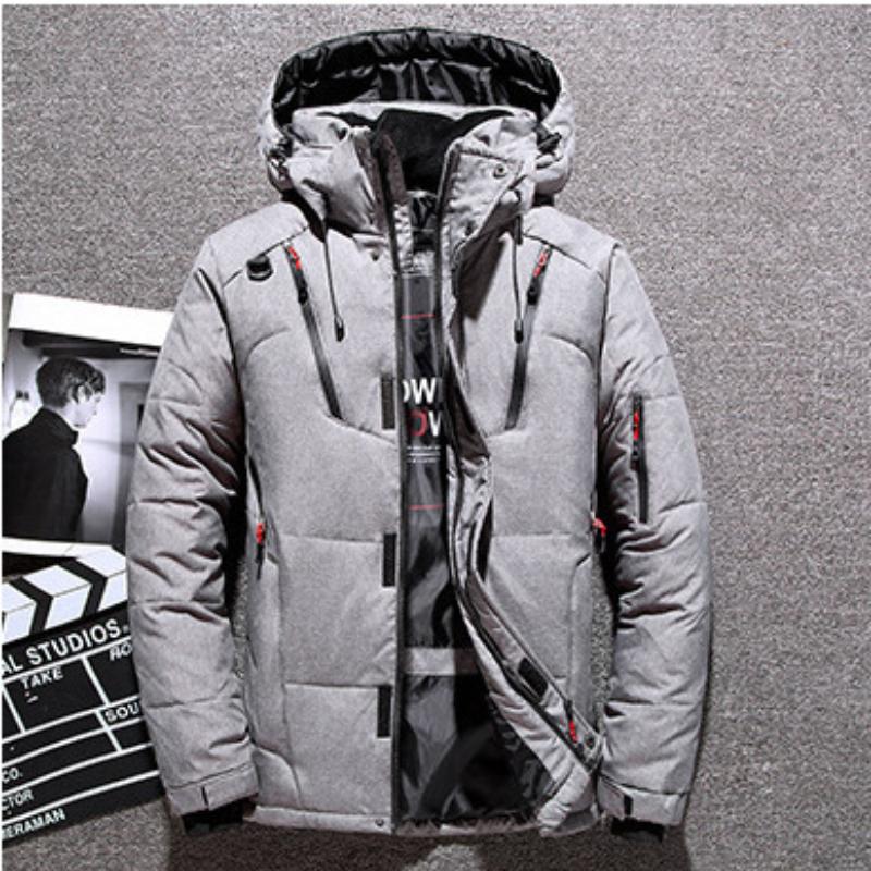 Men's Hooded Down Jacket with Quilted Design, Red Accents, and Multiple Pockets