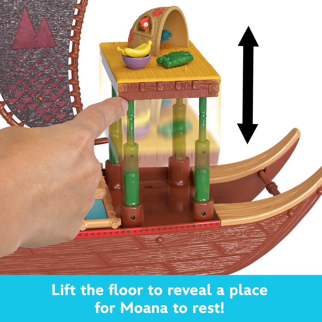 Mattel Disney Moana Toy: Moana's Adventure Canoe Playset with Floating Canoe, Moana Mini Doll, 1 Character Friend, 6 Play Areas, and 10 Accessories