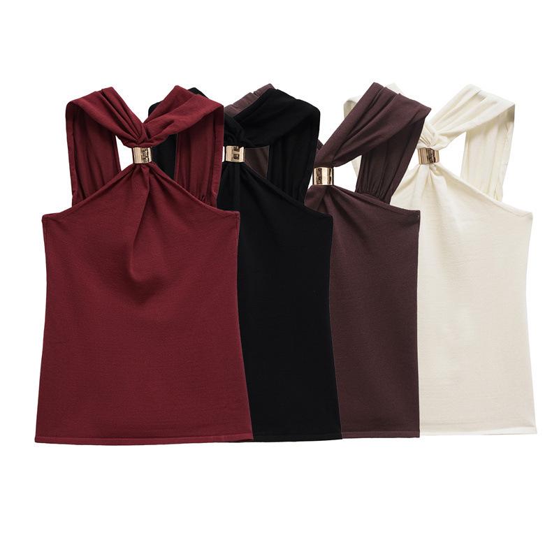 Metal Buckle Twisted Halter Slimming Women's Tank Top