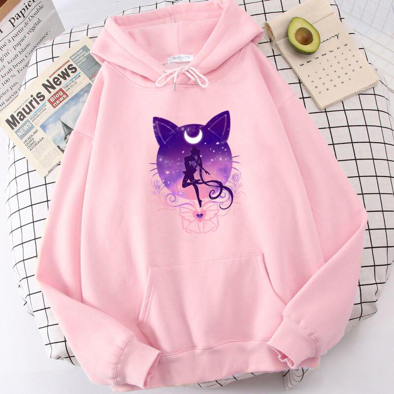 Vintage Anime Hoodies Women Sweatshirts Printed Cat Moon Long Sleeve Kawaii Hoodie Cartoon Tops Graphic Female Clothing