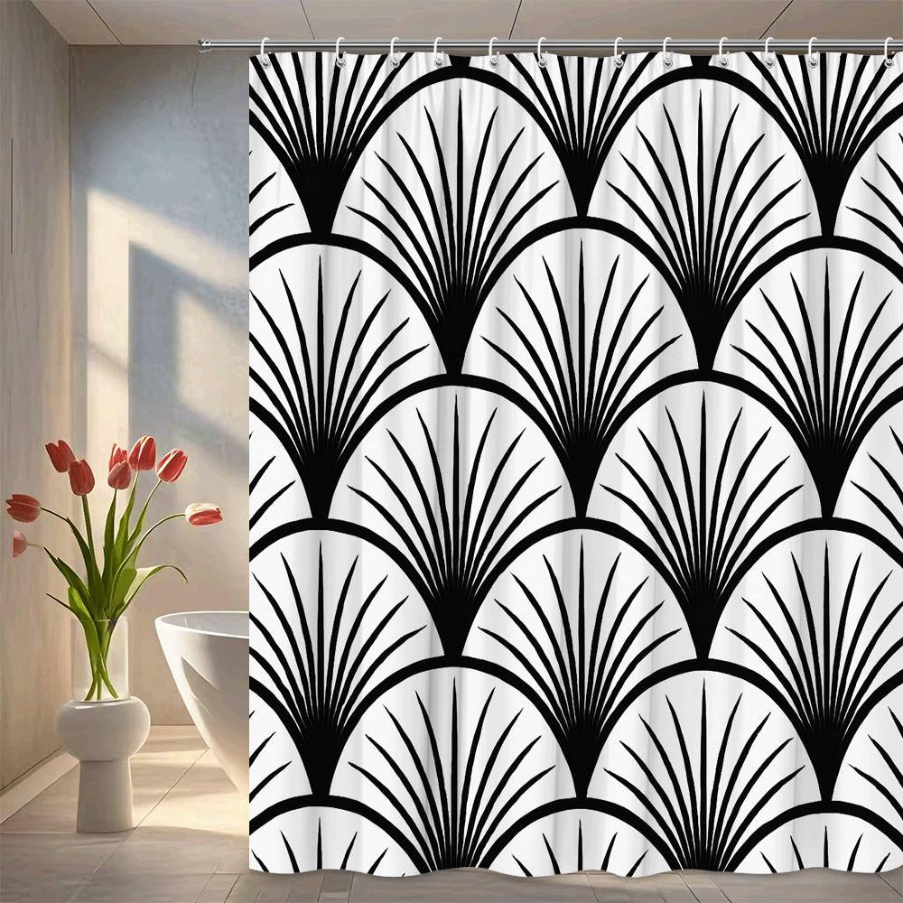 

Black And White Palm Fan Shower Curtain Art Deco Pattern Geometric Tropical Design Modern Bathroom Decor Waterproof Non-Toxic W60H190(CM)-1 Pcs