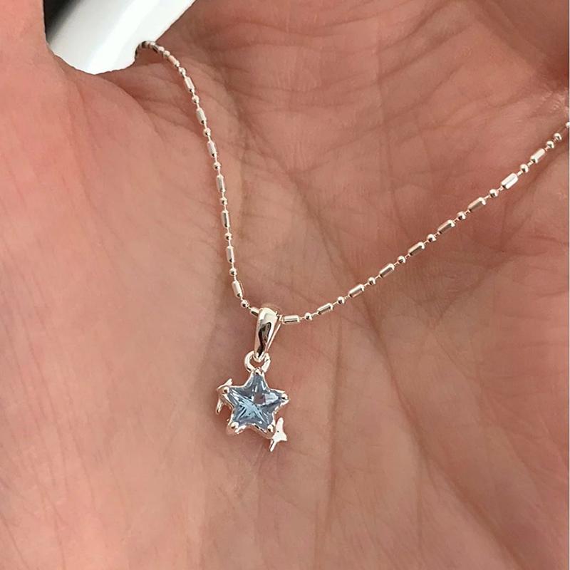 Shiny Blue Crystal Star Pendant Necklace for Women Girls Aesthetic Y2K Emo Zircon Charm Sweet Jewely Accessory Gift