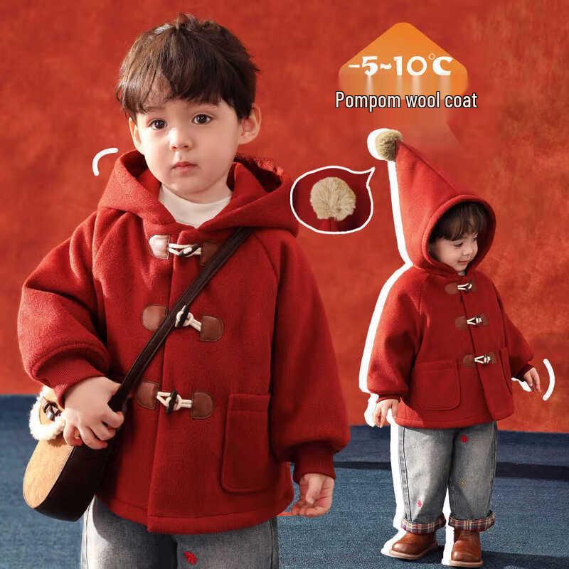 LUSON Little O Dad Boys  Red Toggle Hooded Wool Coat 80