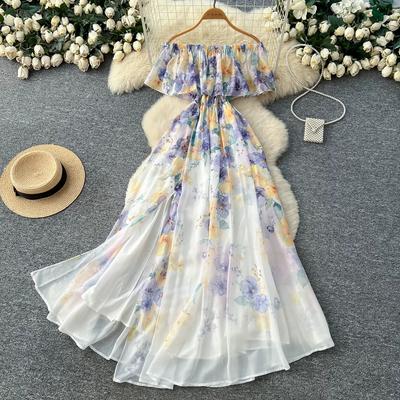 Casual Off-the-Shoulder Ruffled Print Dress for Women Spring/Summer Bohemian Vacation High-Waisted Slimming Elegant Maxi Dress