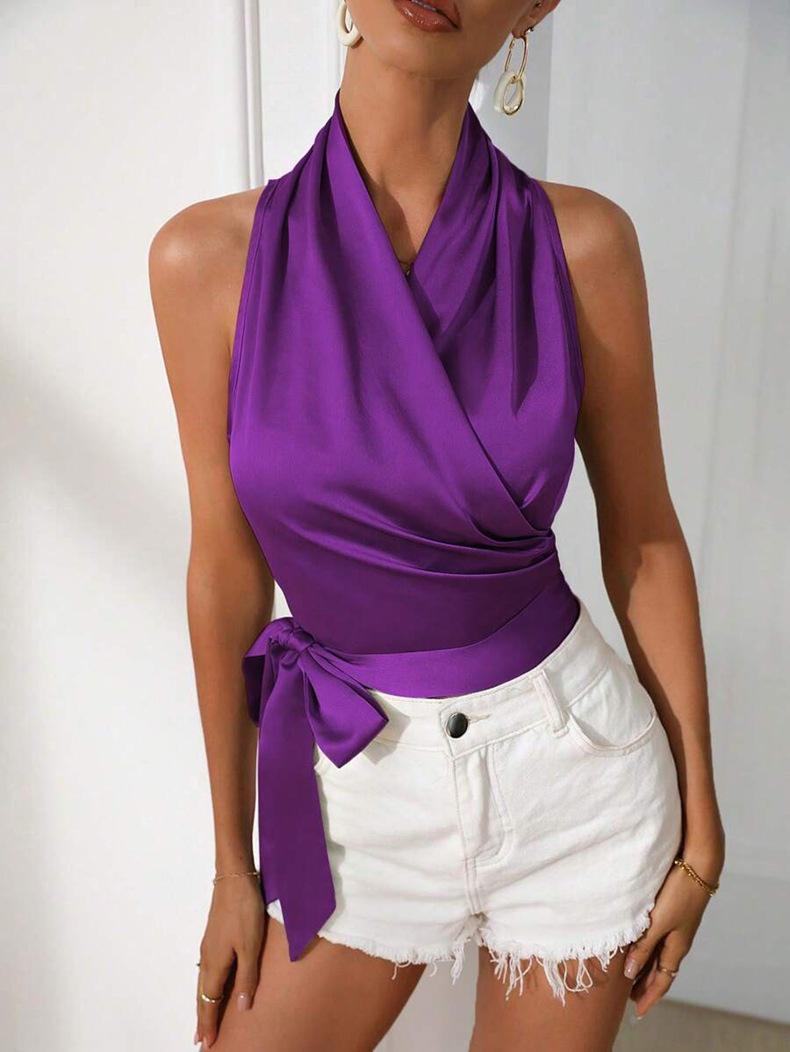 

Women s Halterneck Satin Wrap Top - Spring/Summer Sleeveless Tie-Up S фіолетовий