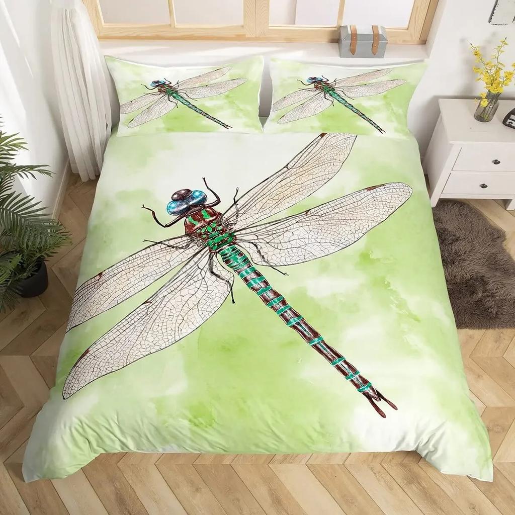 Boho Dragonfly King Queen Duvet Cover Cute Flower Love Heart Bedding Set Watercolor Floral Rustic Style Polyester Quilt Cover
