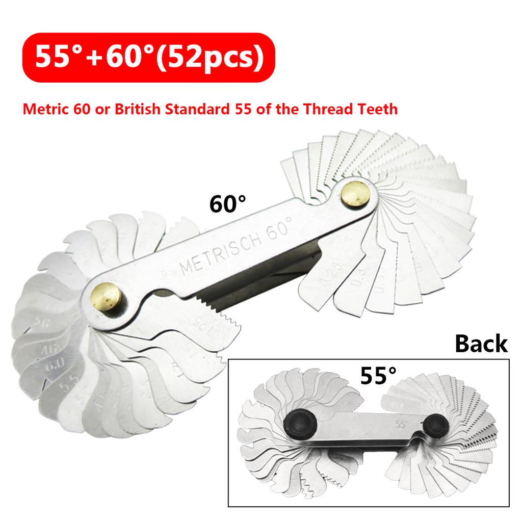 52pcs Blade Screw Thread Tooth Pitch Cutting Steel Gauge Measuring Tool 55 Degree Inch 60 Degree Metric Gauge