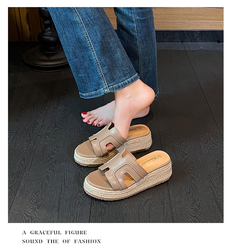 

New retro hemp rope woven H-shaped one-word drag muffin thick bottom 5cm~ casual versatile daily wear summer 40