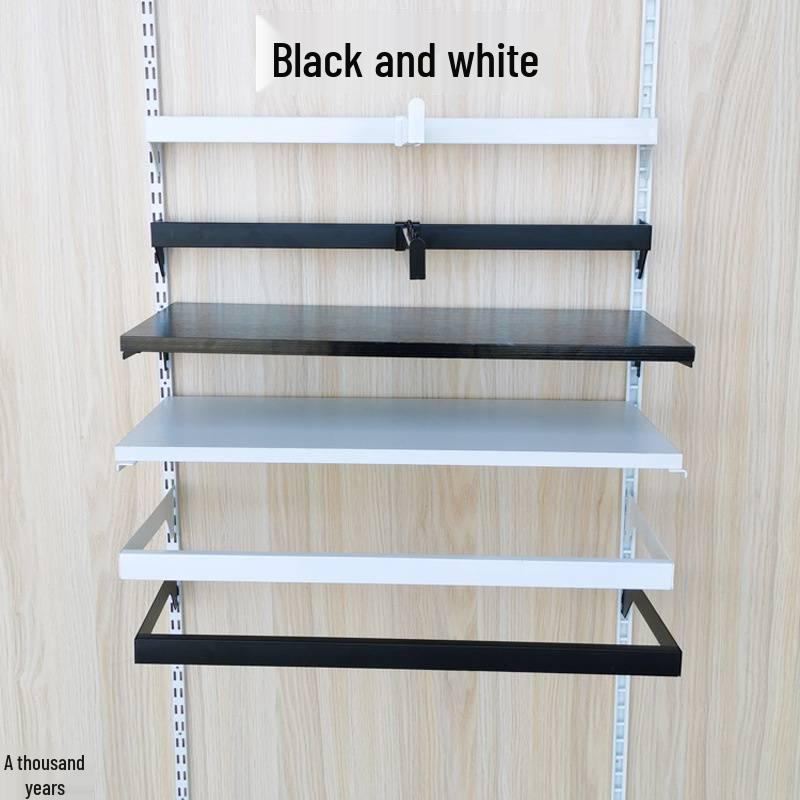 Black & White Clothing Store Stainless Steel Wall-Mounted Display Rack with Side Hooks and Shelving Brackets