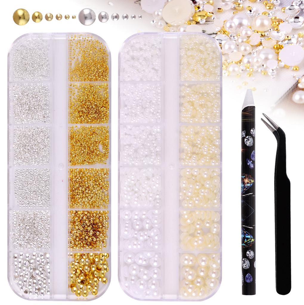 Mini Pearl Nail Art Kit - Rhinestones, Studs, Charms for DIY Nail Design, Manicure Decoration Accessories Set